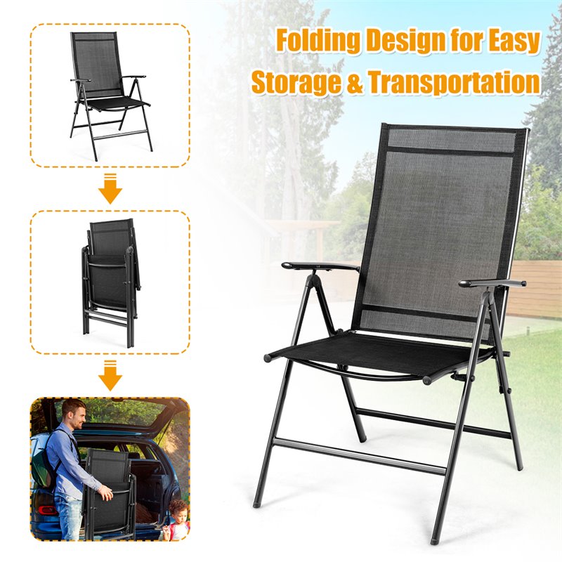 Costway Steel Fabric Patio Folding Chair Adjustable Backrest in Black (Set of 2)