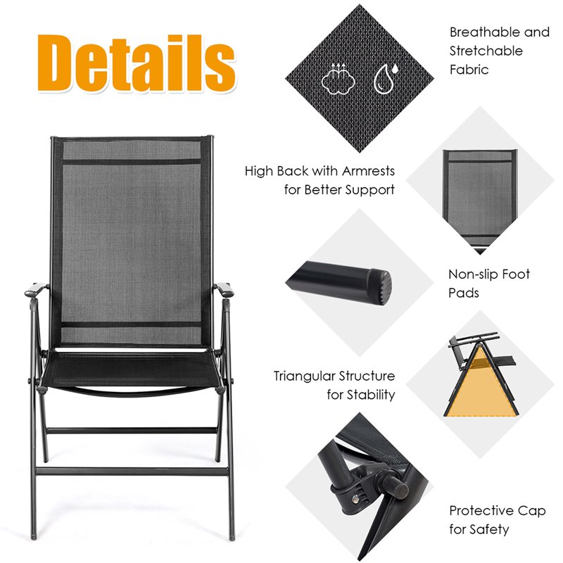 Costway Steel Fabric Patio Folding Chair Adjustable Backrest in Black (Set of 2)