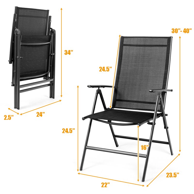 Costway Steel Fabric Patio Folding Chair Adjustable Backrest in Black (Set of 2)