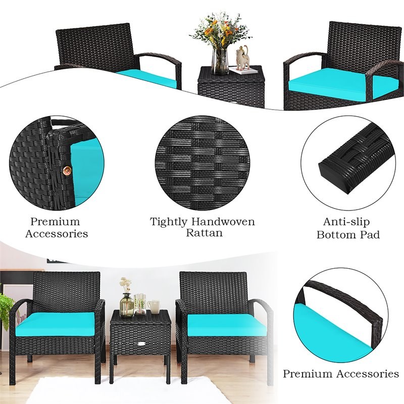 Costway 3-piece Rattan Patio Furniture Set with Sponge Cushion in Turquoise