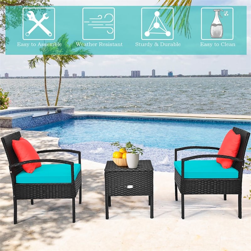 Costway 3-piece Rattan Patio Furniture Set with Sponge Cushion in Turquoise