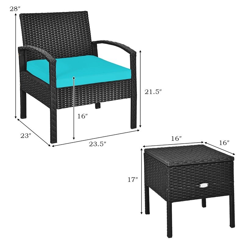 Costway 3-piece Rattan Patio Furniture Set with Sponge Cushion in Turquoise