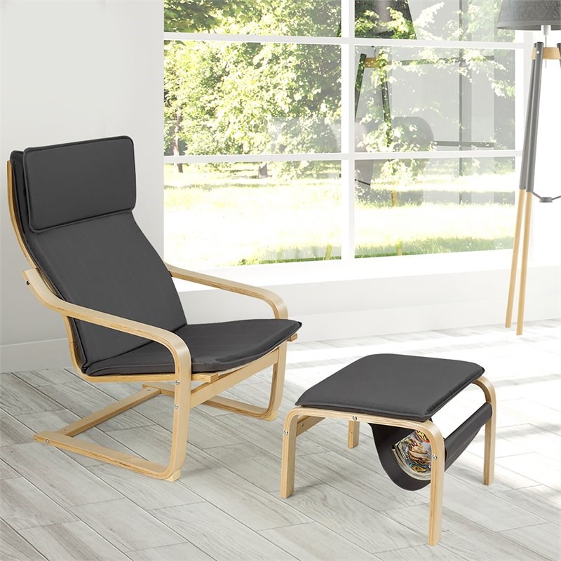 Costway Sponge Relax Lounge Chair & Padded Ottoman Set w/ Magazine Rack in Gray