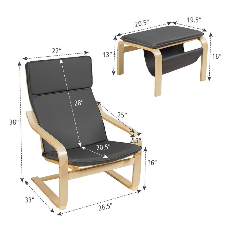 Costway Sponge Relax Lounge Chair & Padded Ottoman Set w/ Magazine Rack in Gray