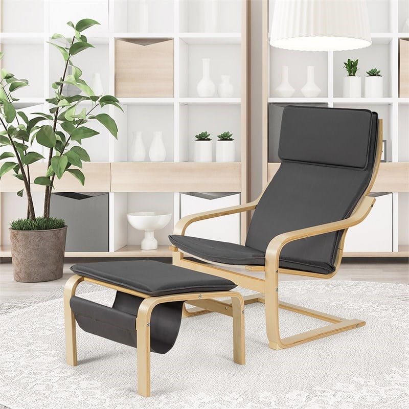 Costway Sponge Relax Lounge Chair & Padded Ottoman Set w/ Magazine Rack in Gray
