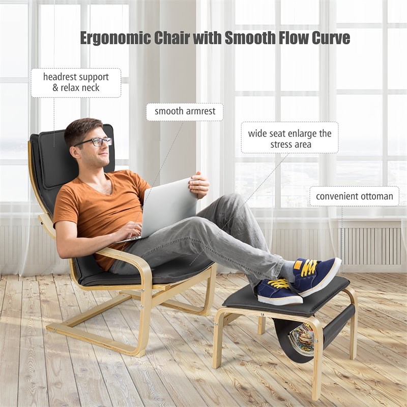Costway Sponge Relax Lounge Chair & Padded Ottoman Set w/ Magazine Rack in Gray