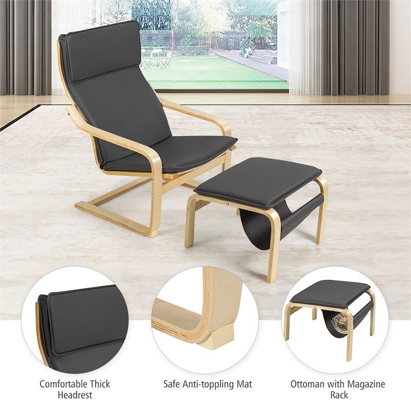 Costway Sponge Relax Lounge Chair & Padded Ottoman Set w/ Magazine Rack in Gray