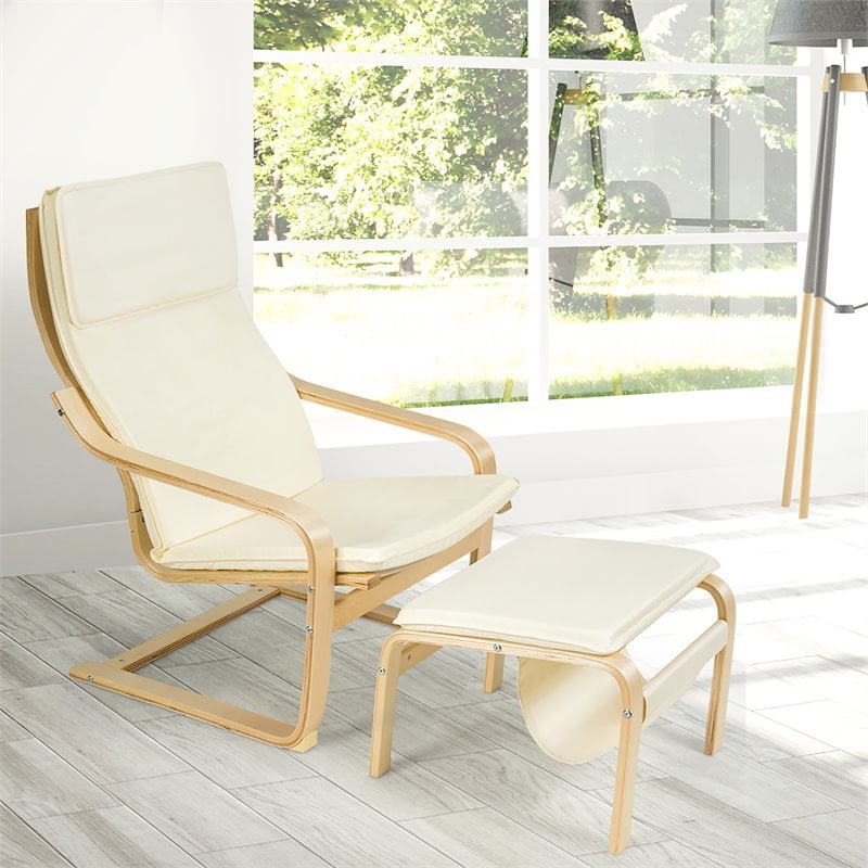 Costway Sponge Relax Lounge Chair & Padded Ottoman Set w/ Magazine Rack in Beige