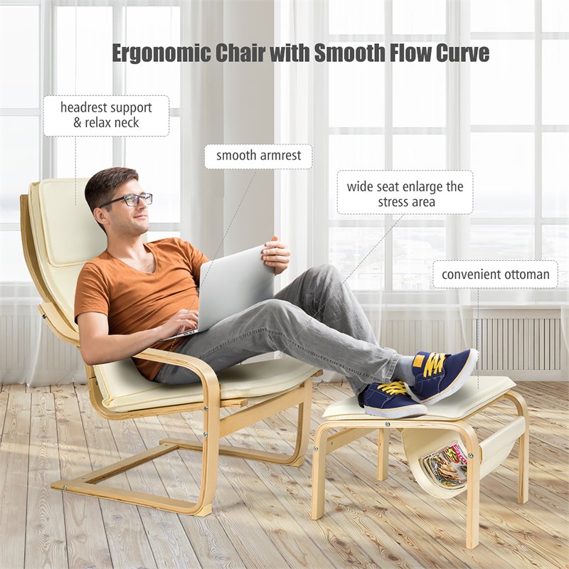 Costway Sponge Relax Lounge Chair & Padded Ottoman Set w/ Magazine Rack in Beige