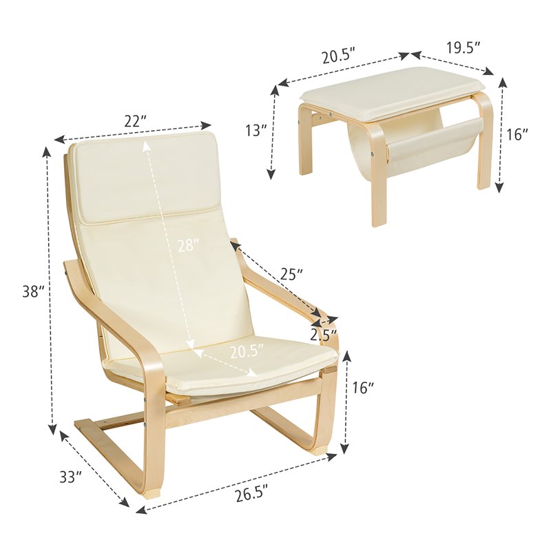 Costway Sponge Relax Lounge Chair & Padded Ottoman Set w/ Magazine Rack in Beige