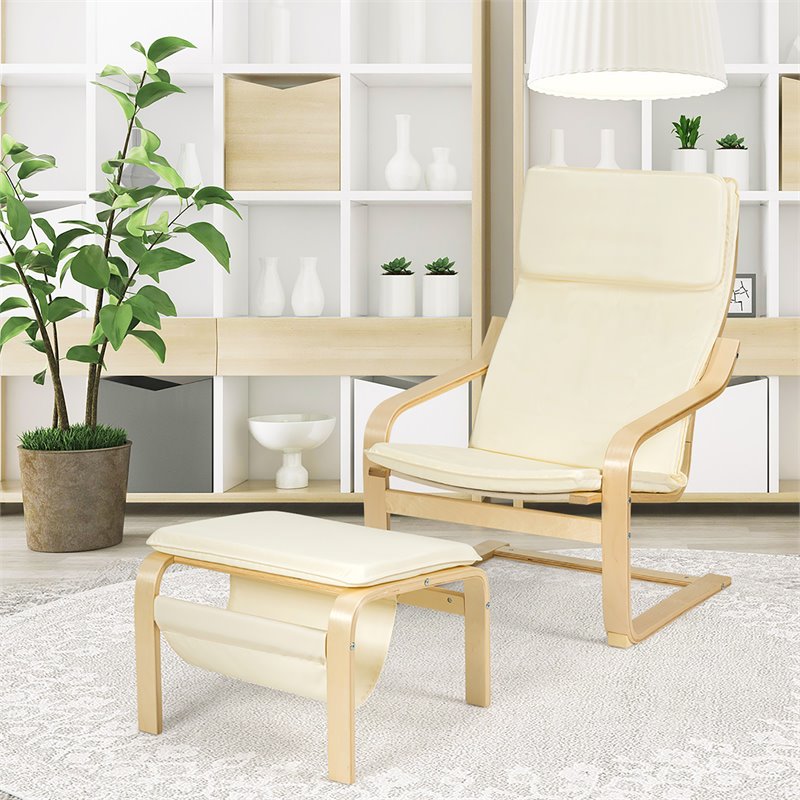 Costway Sponge Relax Lounge Chair & Padded Ottoman Set w/ Magazine Rack in Beige