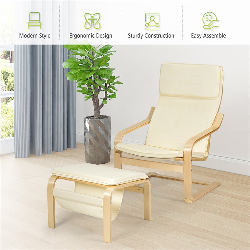 Costway Sponge Relax Lounge Chair & Padded Ottoman Set w/ Magazine Rack in Beige