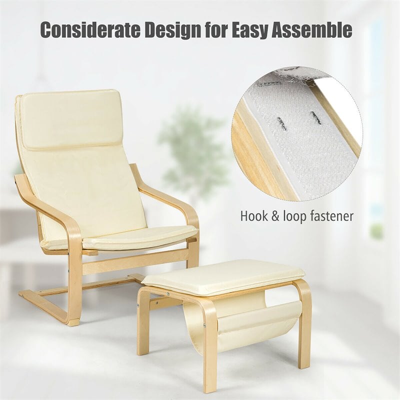 Costway Sponge Relax Lounge Chair & Padded Ottoman Set w/ Magazine Rack in Beige