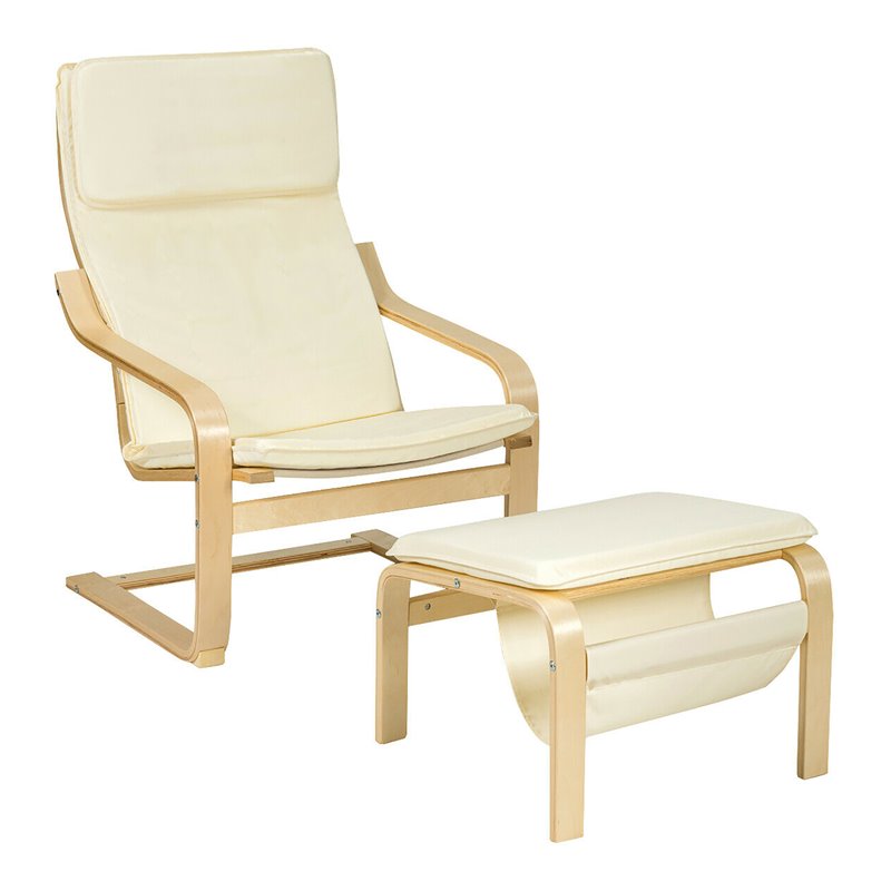 Costway Sponge Relax Lounge Chair & Padded Ottoman Set w/ Magazine Rack in Beige