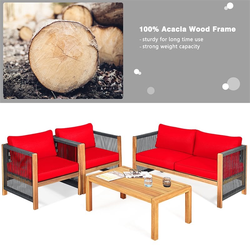 Costway 4-piece Acacia Wood Patio Conversation Set with Cushions in Red