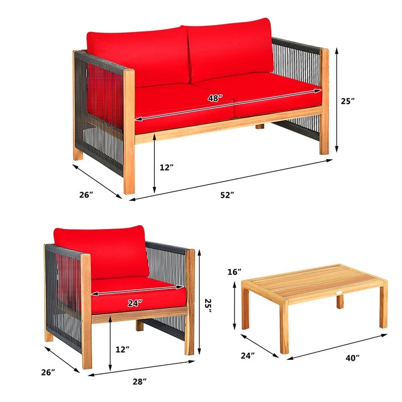 Costway 4-piece Acacia Wood Patio Conversation Set with Cushions in Red