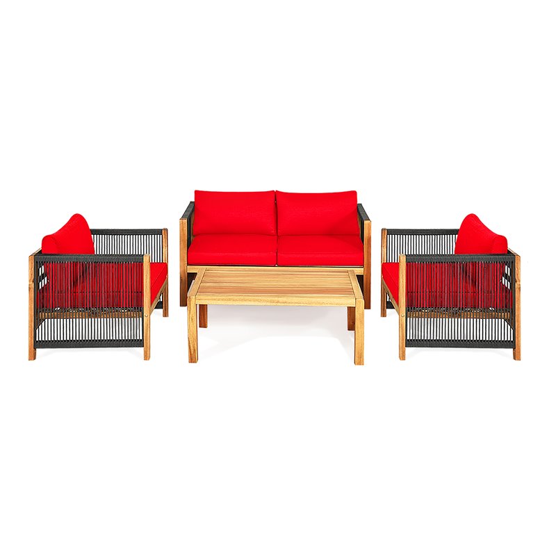 Costway 4-piece Acacia Wood Patio Conversation Set with Cushions in Red