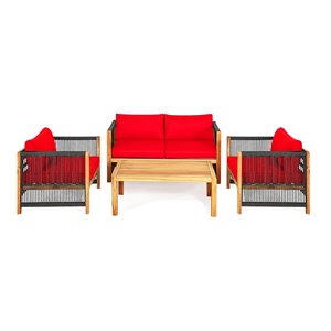 Costway 4-piece Acacia Wood Patio Conversation Set with Cushions in Red