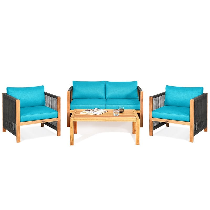 Costway 4-piece Wood and Sponge Patio Furniture Set with Armrest in Turquoise