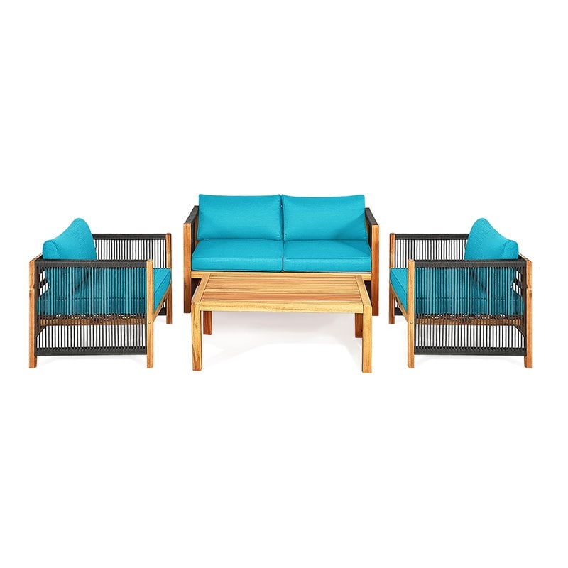 Costway 4-piece Wood and Sponge Patio Furniture Set with Armrest in Turquoise