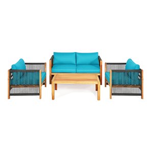 Costway 4-piece Wood and Sponge Patio Furniture Set with Armrest in Turquoise