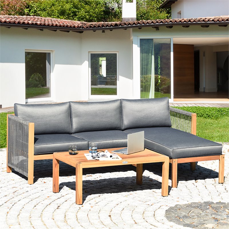 Costway 3-piece Acacia Wood Patio Sofa Set with Thick Cushion in Natural/Gray