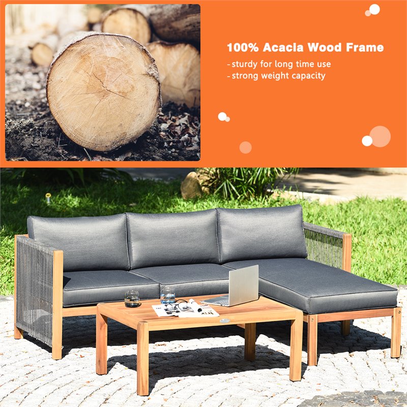 Costway 3-piece Acacia Wood Patio Sofa Set with Thick Cushion in Natural/Gray