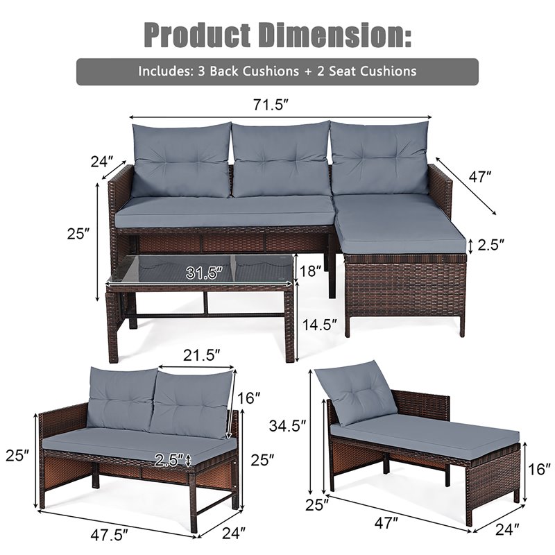 Costway 3-piece Wicker Rattan Patio L-shape Corner Sofa Set in Gray