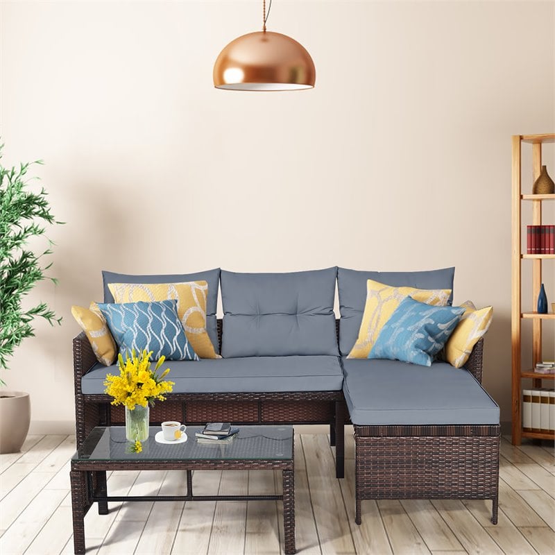 Costway 3-piece Wicker Rattan Patio L-shape Corner Sofa Set in Gray