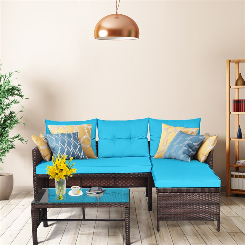 Costway 3-piece Wicker Rattan Patio L-shape Corner Sofa Set in Turquoise