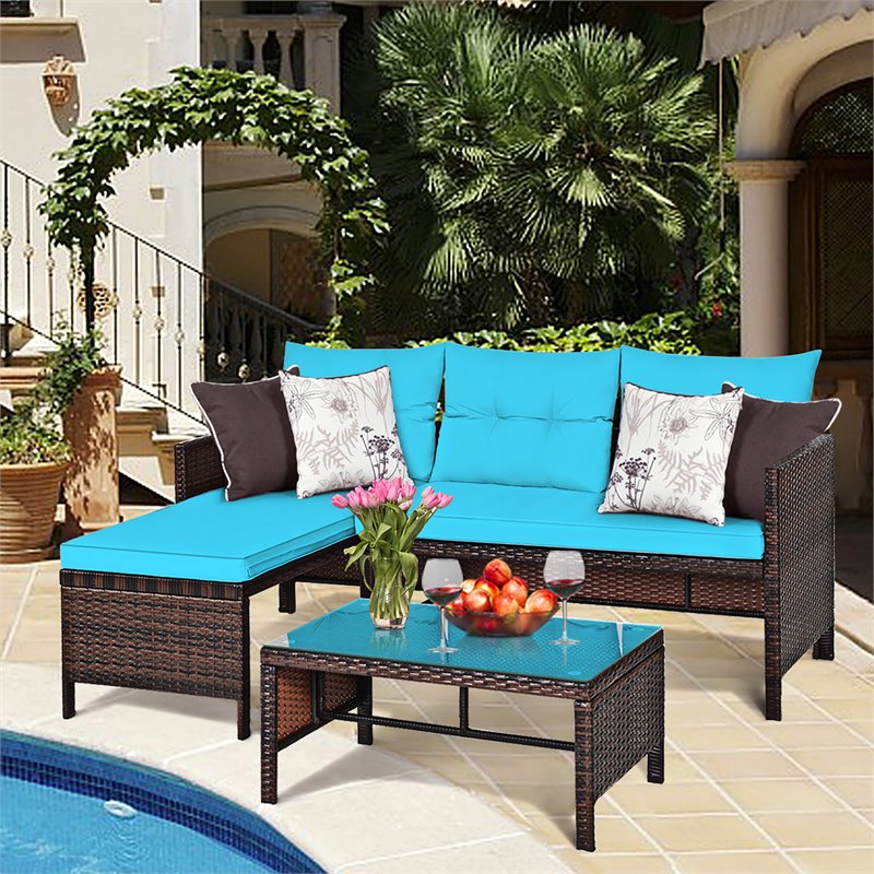 Costway 3-piece Wicker Rattan Patio L-shape Corner Sofa Set in Turquoise