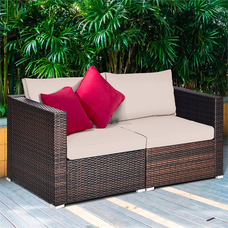 Costway 2-piece Rattan Patio Corner Sofa Set with Beige Cushion in Brown