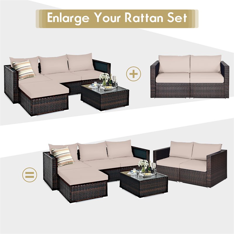 Costway 2-piece Rattan Patio Corner Sofa Set with Beige Cushion in Brown