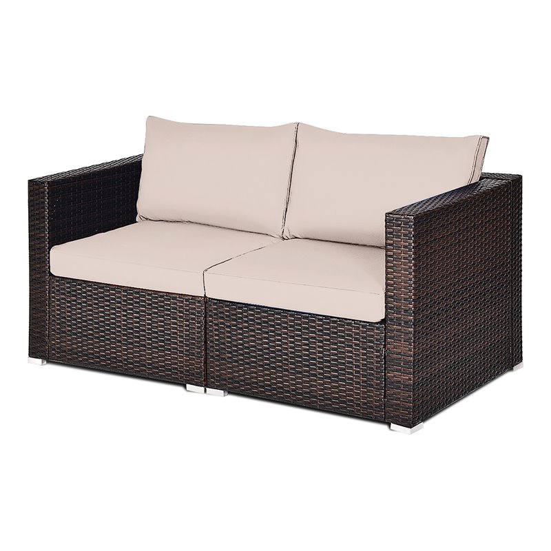 Costway 2-piece Rattan Patio Corner Sofa Set with Beige Cushion in Brown