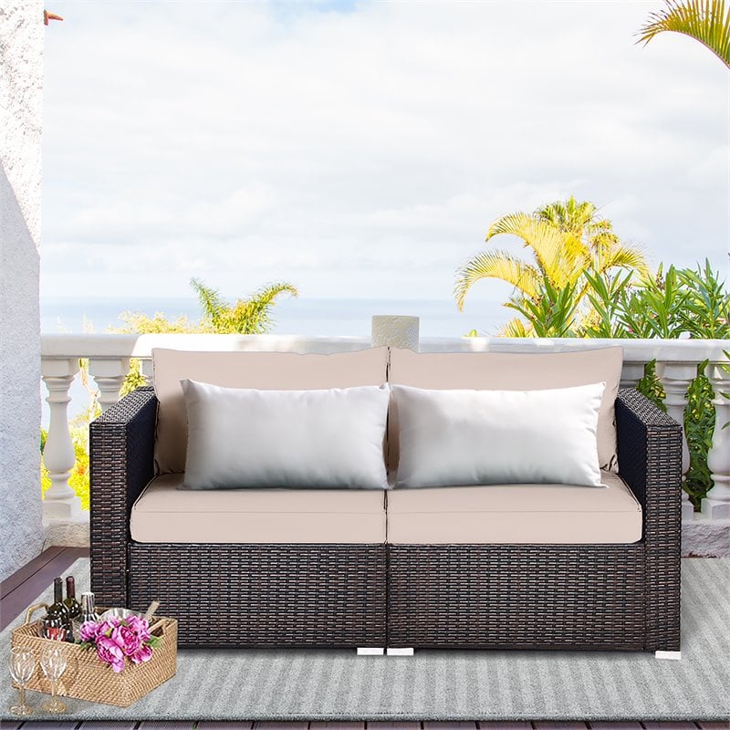Costway 2-piece Rattan Patio Corner Sofa Set with Beige Cushion in Brown Finish