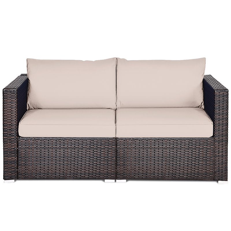 Costway 2-piece Rattan Patio Corner Sofa Set with Beige Cushion in Brown Finish