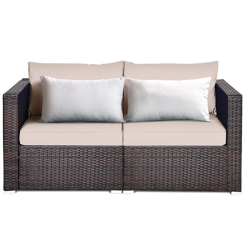 Costway 2-piece Rattan Patio Corner Sofa Set with Beige Cushion in Brown Finish