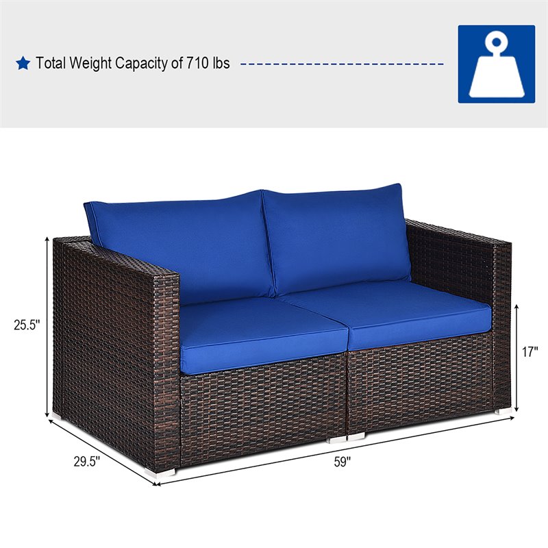 Costway 2-piece Rattan Patio Corner Sofa Set with Navy Cushion in Brown