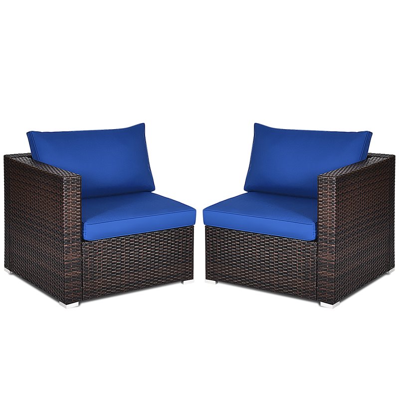 Costway 2-piece Rattan Patio Corner Sofa Set with Navy Cushion in Brown