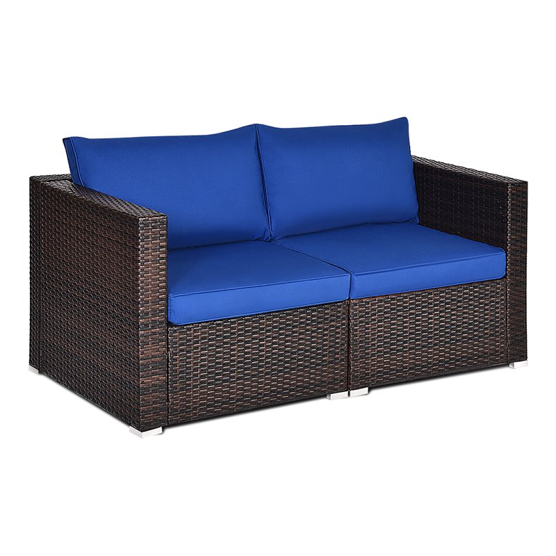 Costway 2-piece Rattan Patio Corner Sofa Set with Navy Cushion in Brown