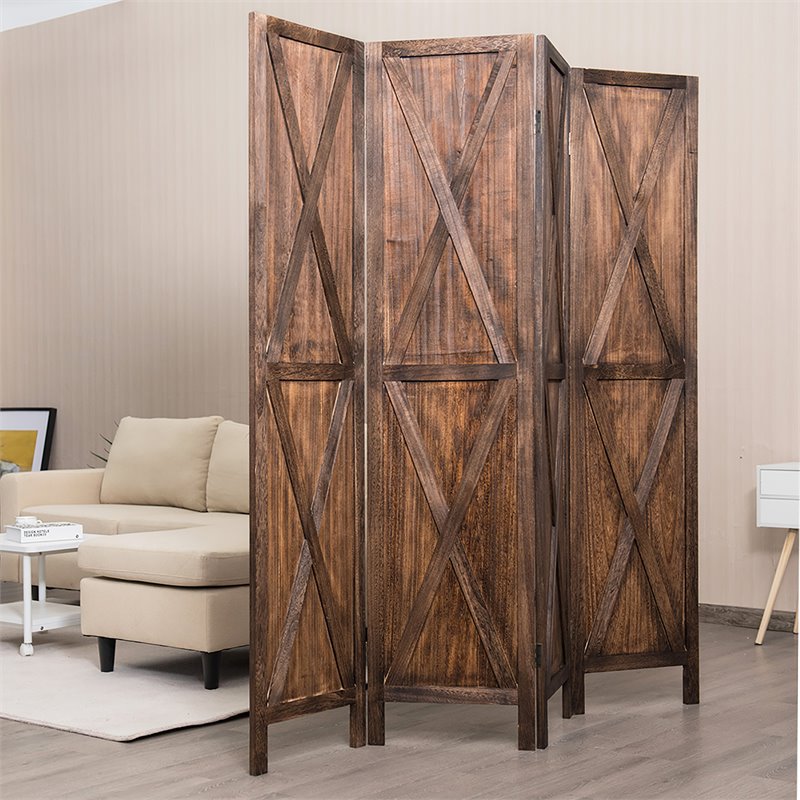 Costway 4-panel Wood Folding Room Divider with X-shaped Design in Brown