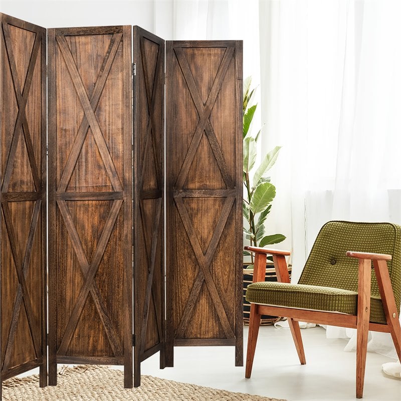 Costway 4-panel Wood Folding Room Divider with X-shaped Design in Brown