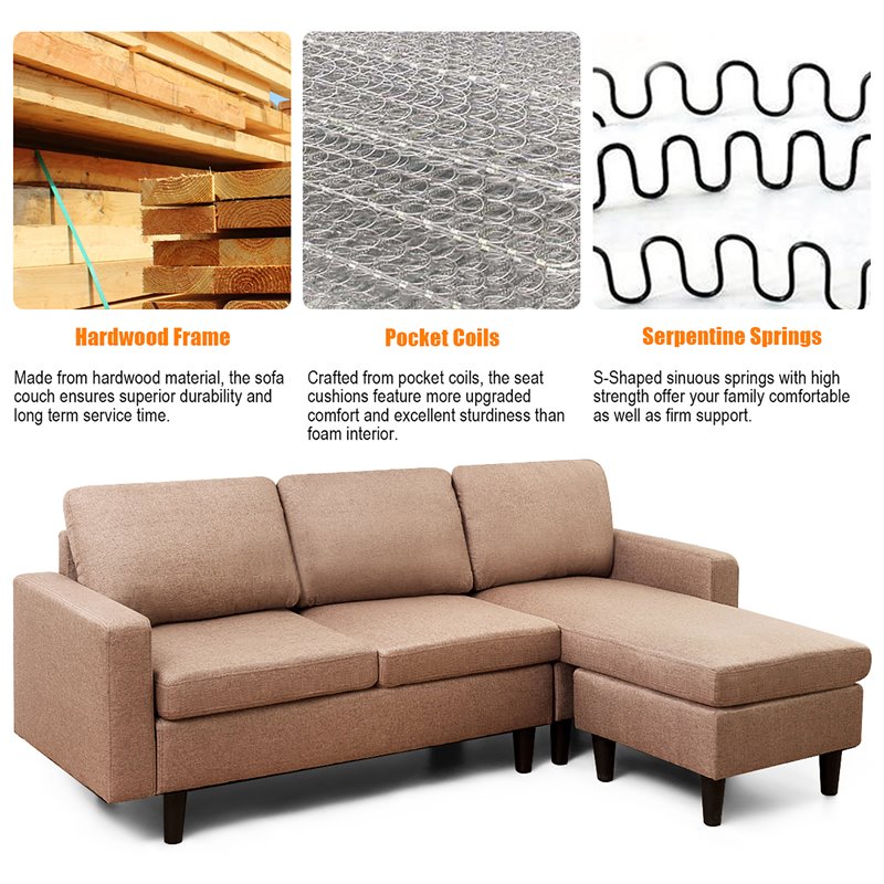 Costway Convertible Sofa Linen L-Shaped Couch with Reversible Chaise in Coffee