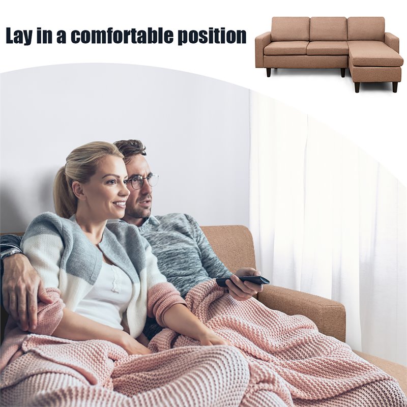 Costway Convertible Sofa Linen L-Shaped Couch with Reversible Chaise in Coffee