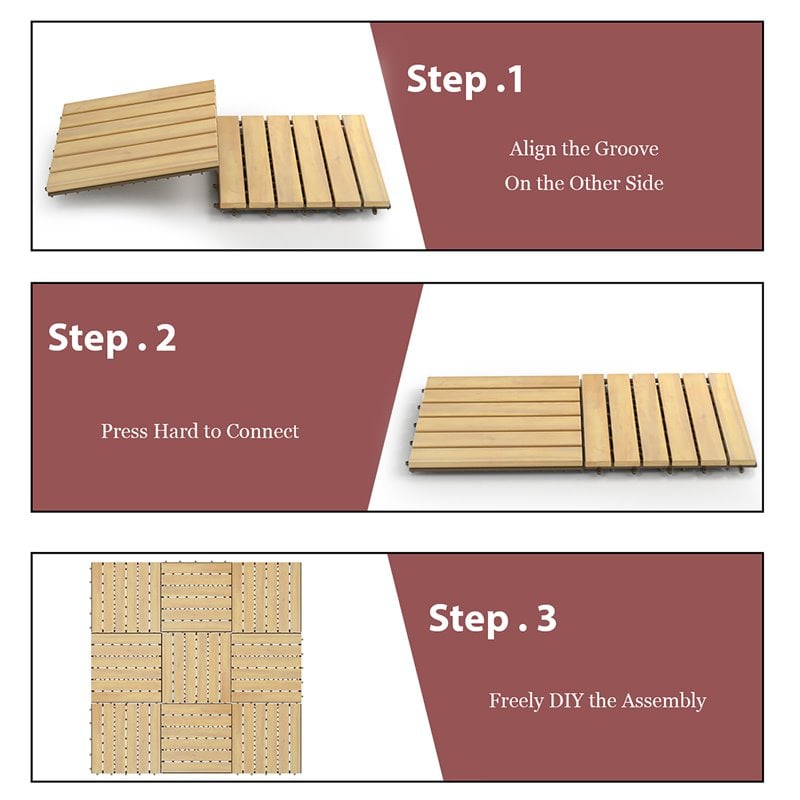 Costway 12x12'' 10-piece Stripe Pattern Acacia Wood Patio Deck Tiles in Brown