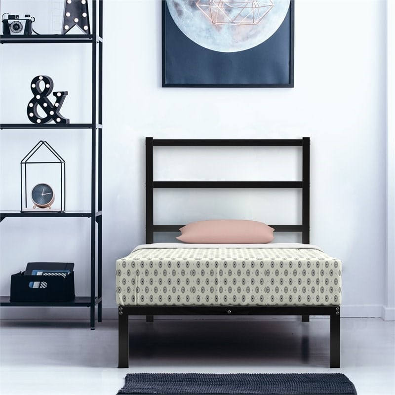 Costway Heavy Duty Metal Twin Bed Platform Frame with Headboard in Black