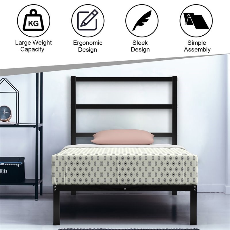 Costway Heavy Duty Metal Twin Bed Platform Frame with Headboard in Black