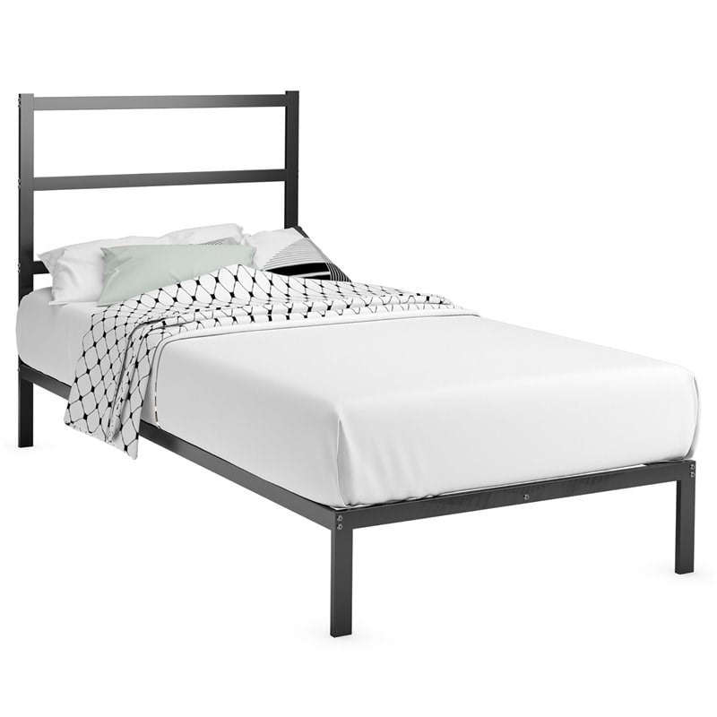 Costway Heavy Duty Metal Twin Bed Platform Frame with Headboard in Black