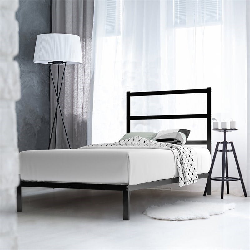 Costway Heavy Duty Metal Twin Bed Platform Frame with Headboard in Black