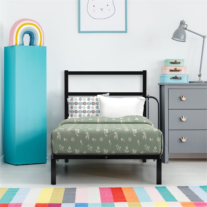 Costway Heavy Duty Metal Twin Bed Platform Frame with Headboard in Black